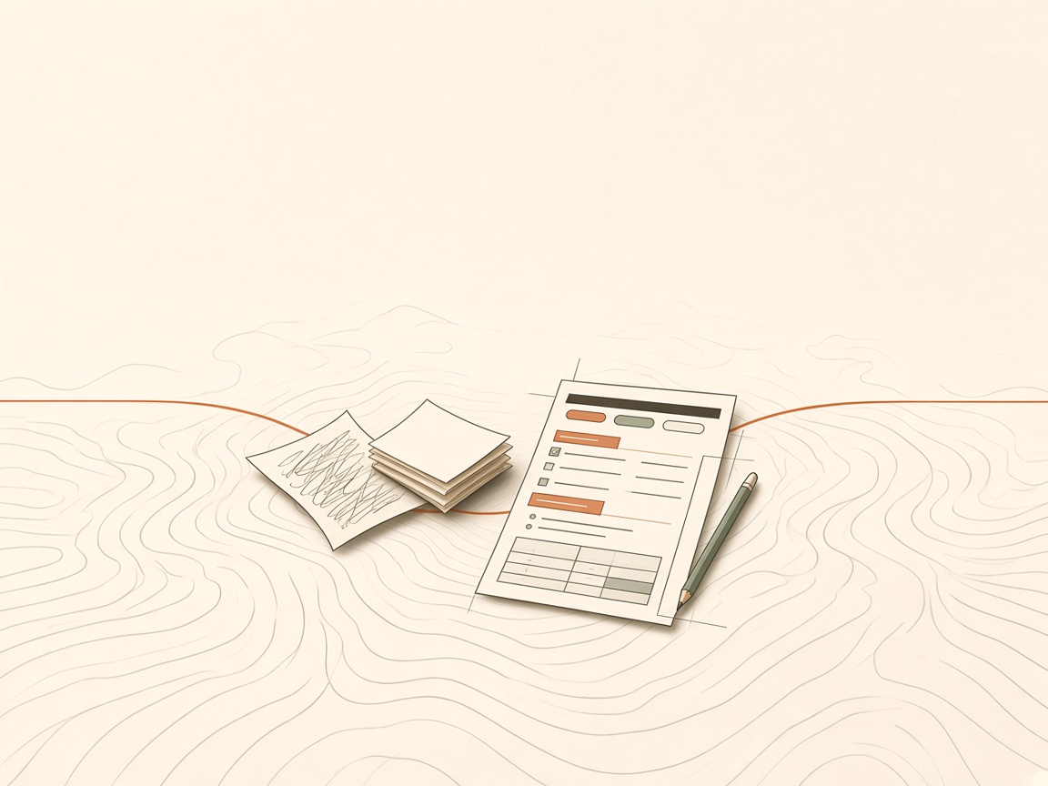 A rough note beside a structured document, on contour ground.