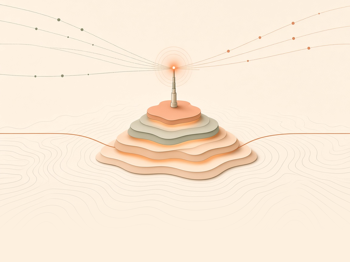 A mast on a layered paper hill receives dotted signals from both sides.