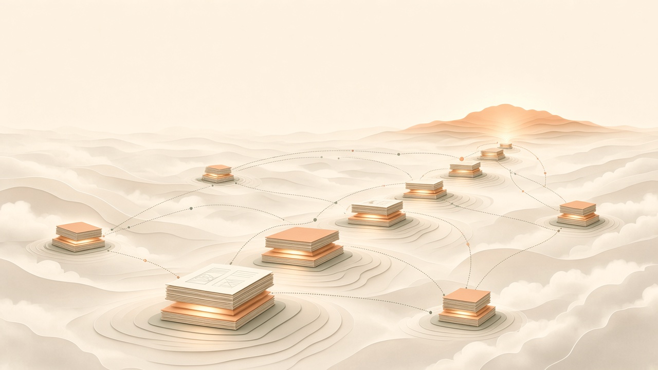 A path of glowing paper stacks crosses a sea of soft mist toward a lit hill on the horizon. Dotted lines link the path to smaller stacks around it.