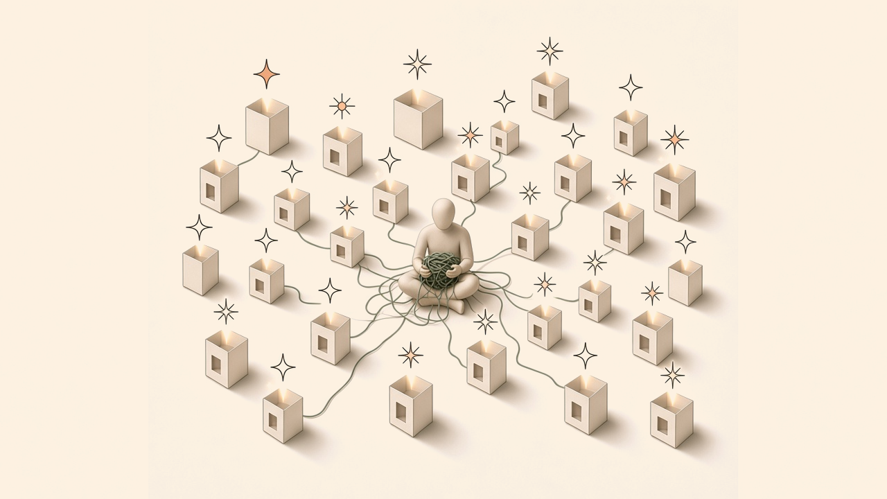 A field of small paper boxes, each with its own small AI mark, a few lit and most switched off. A person sits in the middle, holding a tangled knot of yarn that runs to some of the boxes.