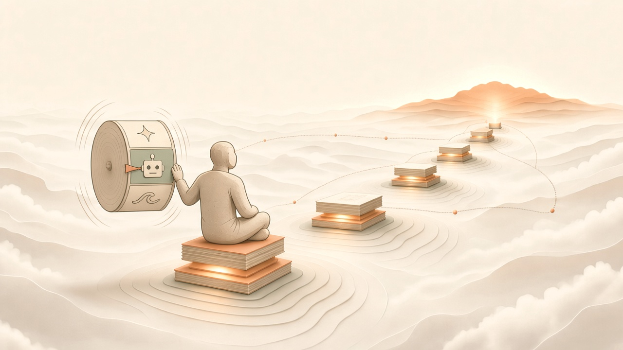 A small paper spinner of AI marks floats beside a seated person. They give it a spin without looking, facing instead a path of lit paper stacks across the mist toward a glowing hill.